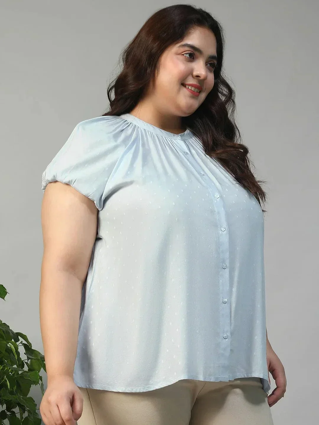 Glare Blue Gather Detail Short Sleeve Button Down Rayon Swiss Dot Dobby Plus Size Women Shirt - Image 3