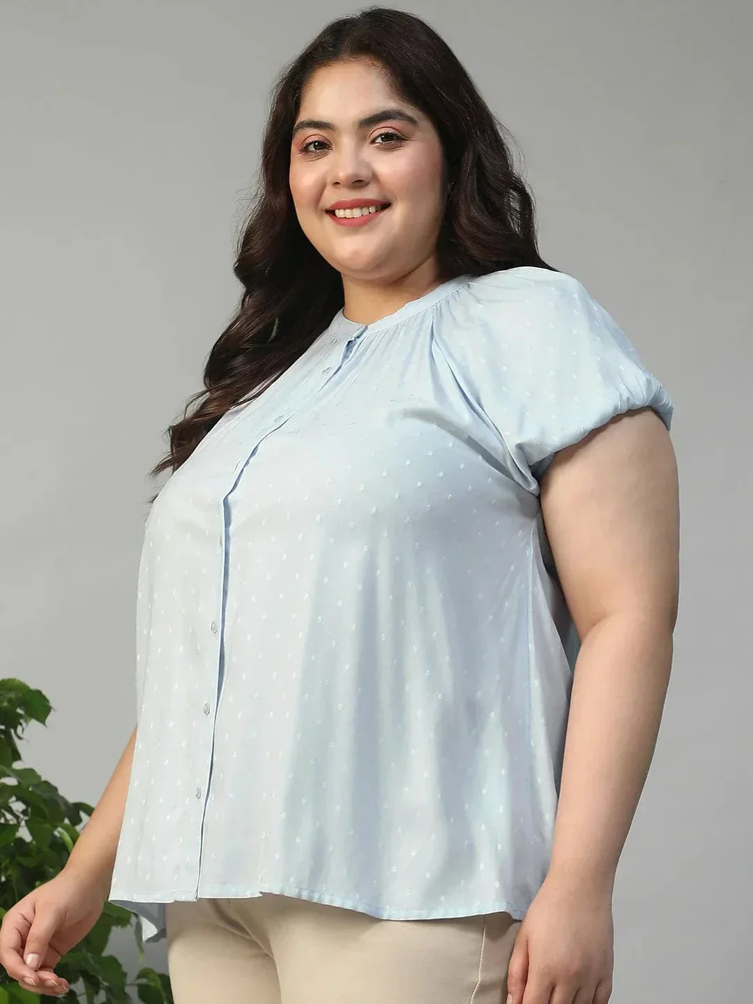 Glare Blue Gather Detail Short Sleeve Button Down Rayon Swiss Dot Dobby Plus Size Women Shirt - Image 4