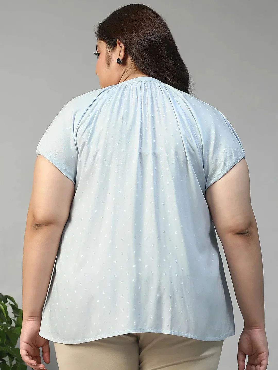 Glare Blue Gather Detail Short Sleeve Button Down Rayon Swiss Dot Dobby Plus Size Women Shirt - Image 5