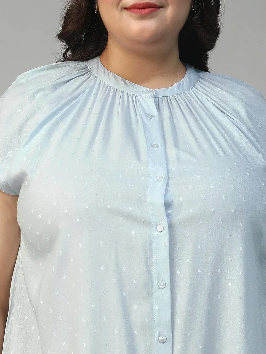 Glare Blue Gather Detail Short Sleeve Button Down Rayon Swiss Dot Dobby Plus Size Women Shirt - Image 6