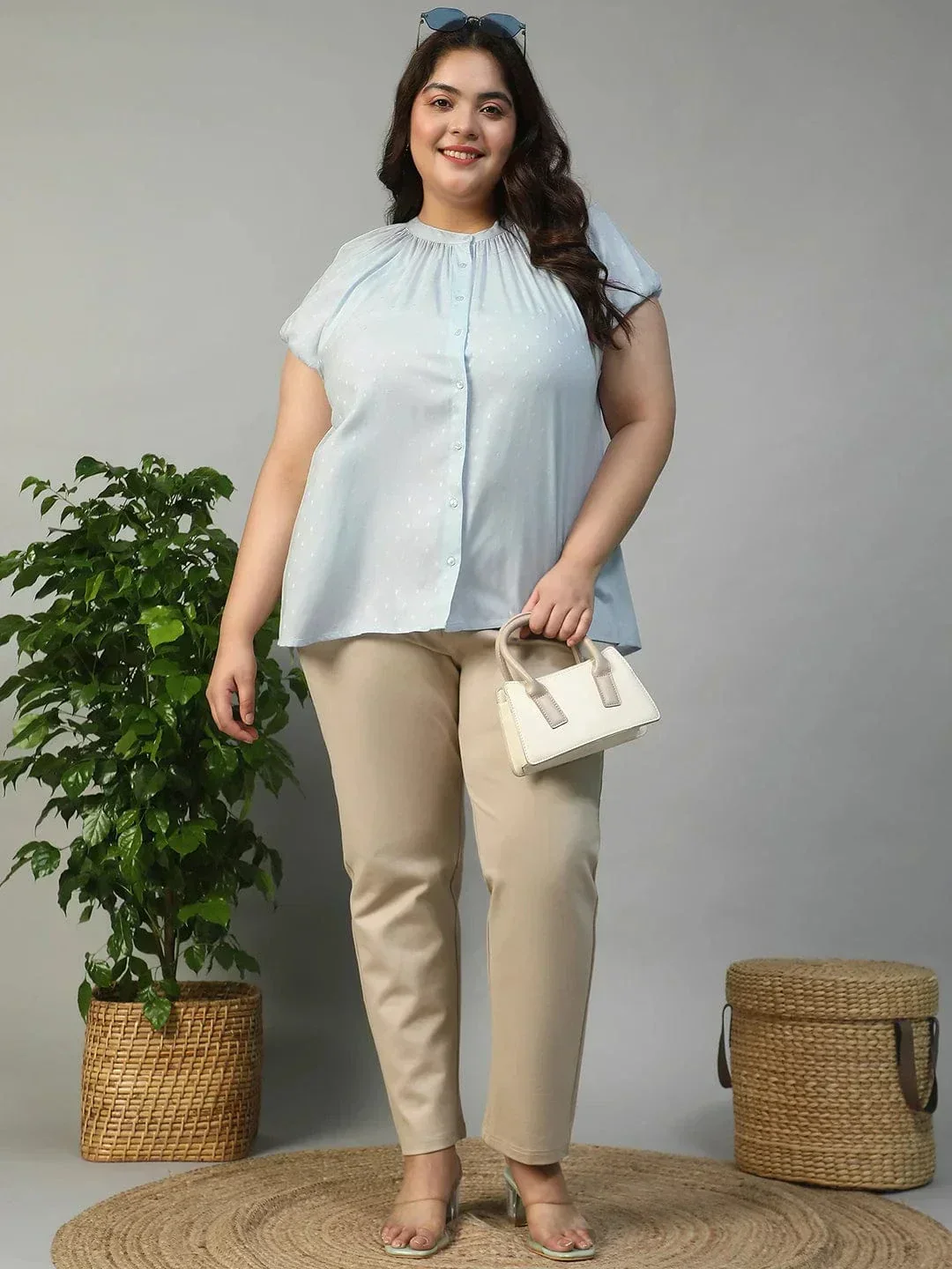 Glare Blue Gather Detail Short Sleeve Button Down Rayon Swiss Dot Dobby Plus Size Women Shirt - Image 8