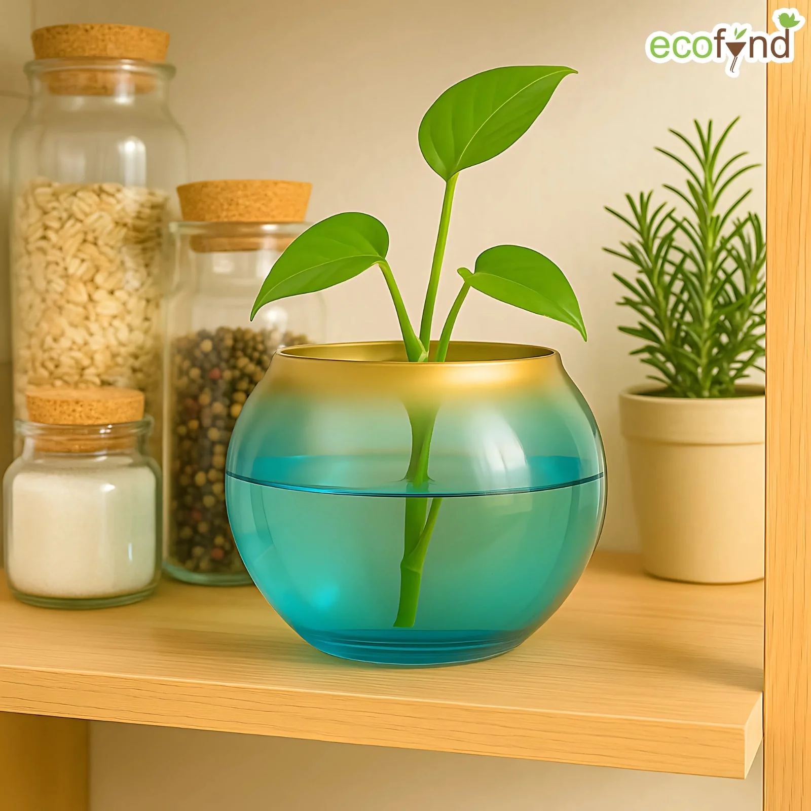 Glass Vase for Flowers & Décor – Clear Bowl Shape | Aqua & Golden Hue - Image 4