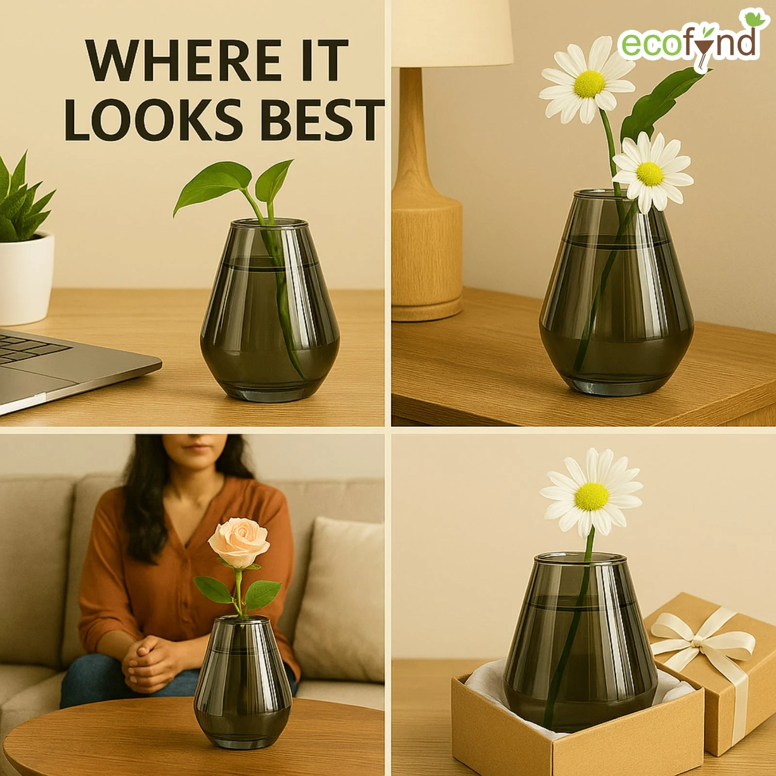 Glass Vase for Flowers & Décor – Diamond Shaped | Clear Gray - Image 5