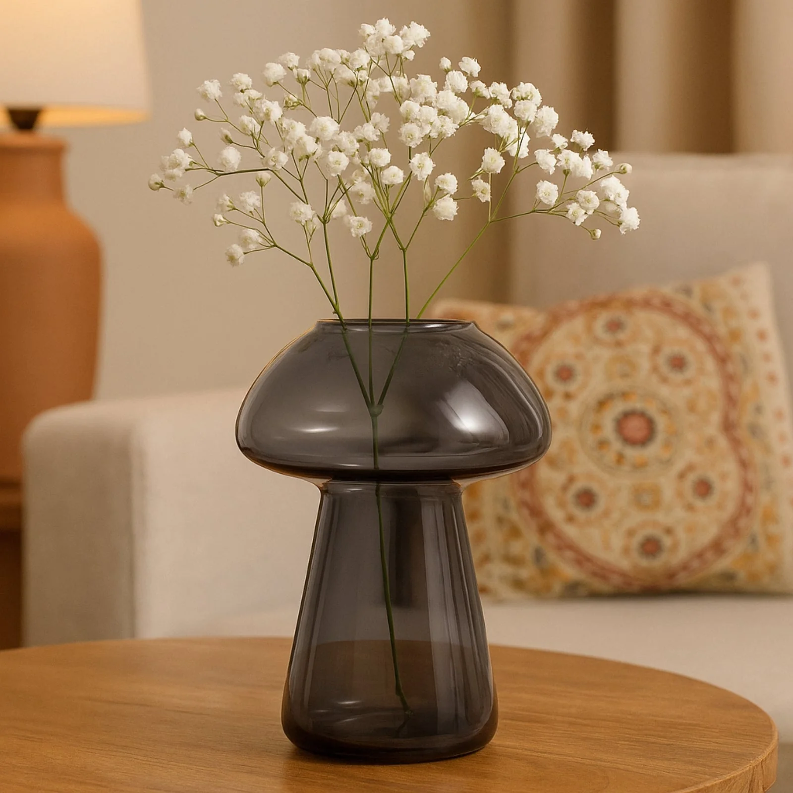 Glass Vase for Flowers & Décor – Mushroom Shaped | Grey