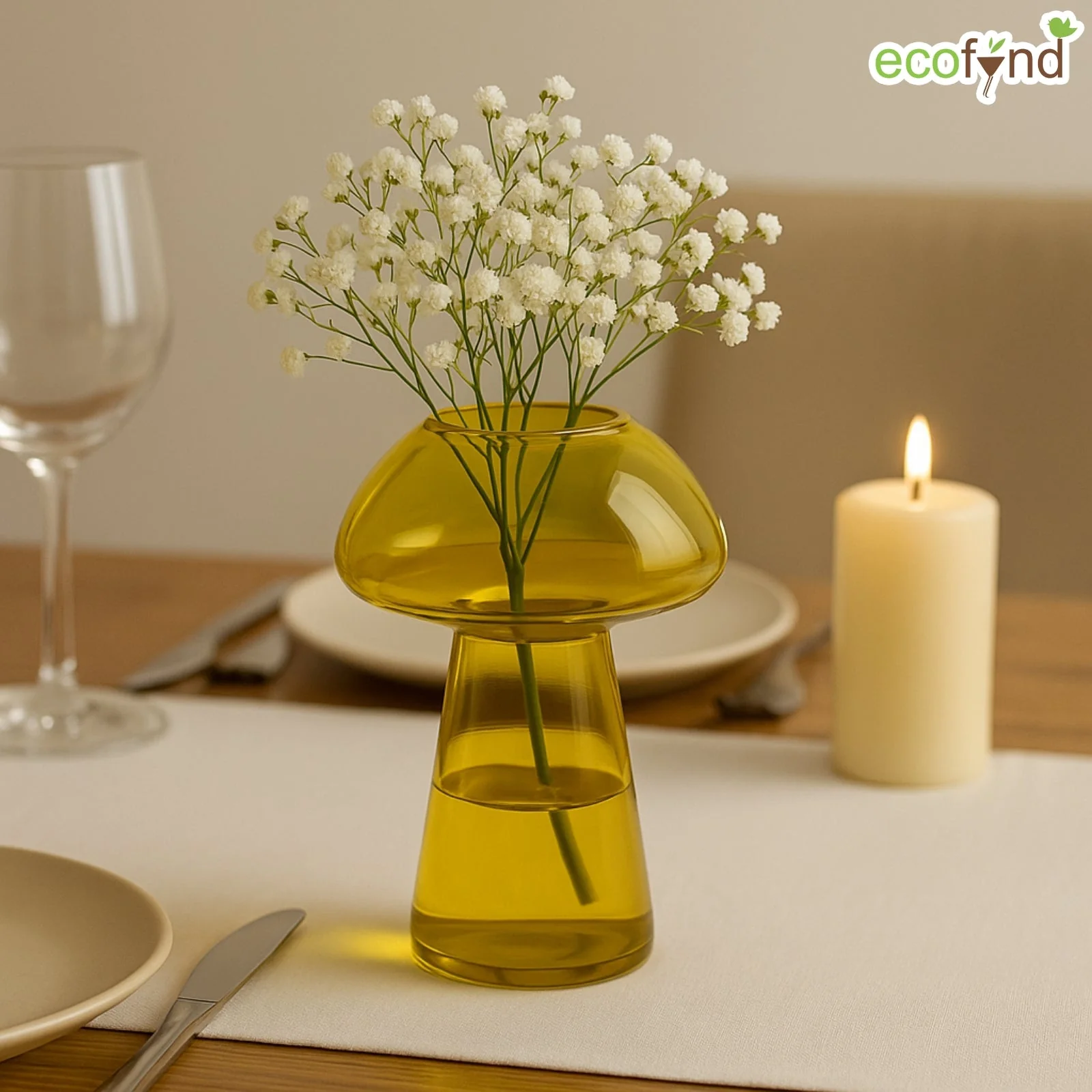 Glass Vase for Flowers & Décor – Mushroom Shaped | Yellow - Image 6