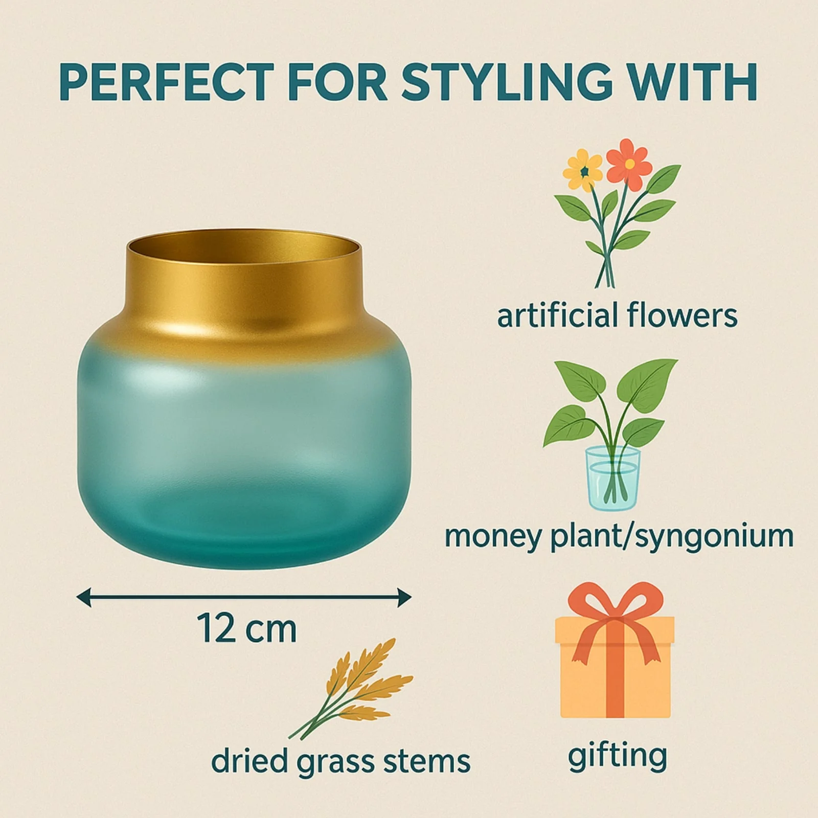 Glass Vase for Flowers & Décor – Pot Shape | Aqua & Gold - Image 3
