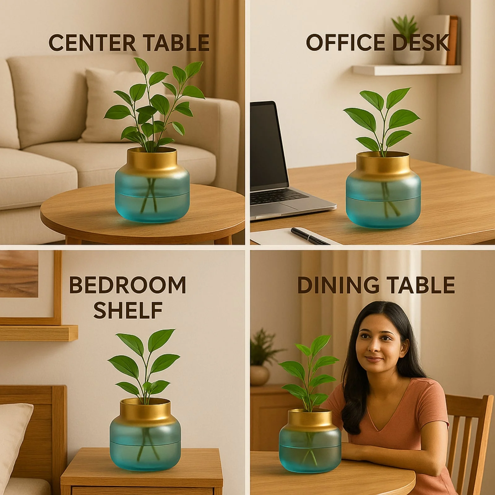 Glass Vase for Flowers & Décor – Pot Shape | Aqua & Gold - Image 4