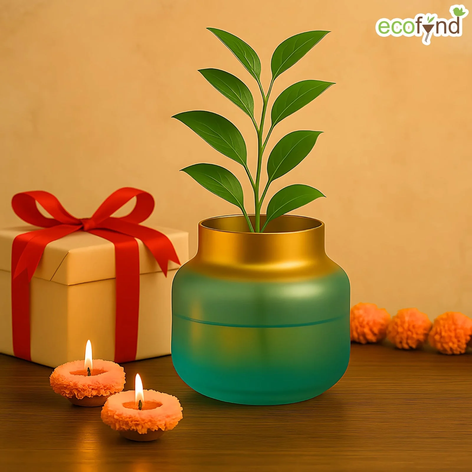 Glass Vase for Flowers & Décor – Pot Shape | Aqua & Gold - Image 6
