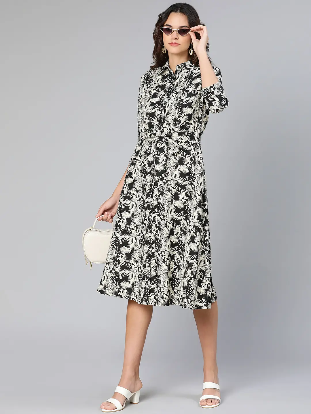Glassed Black Floral Print Button-Dowm Women Dress - Image 7