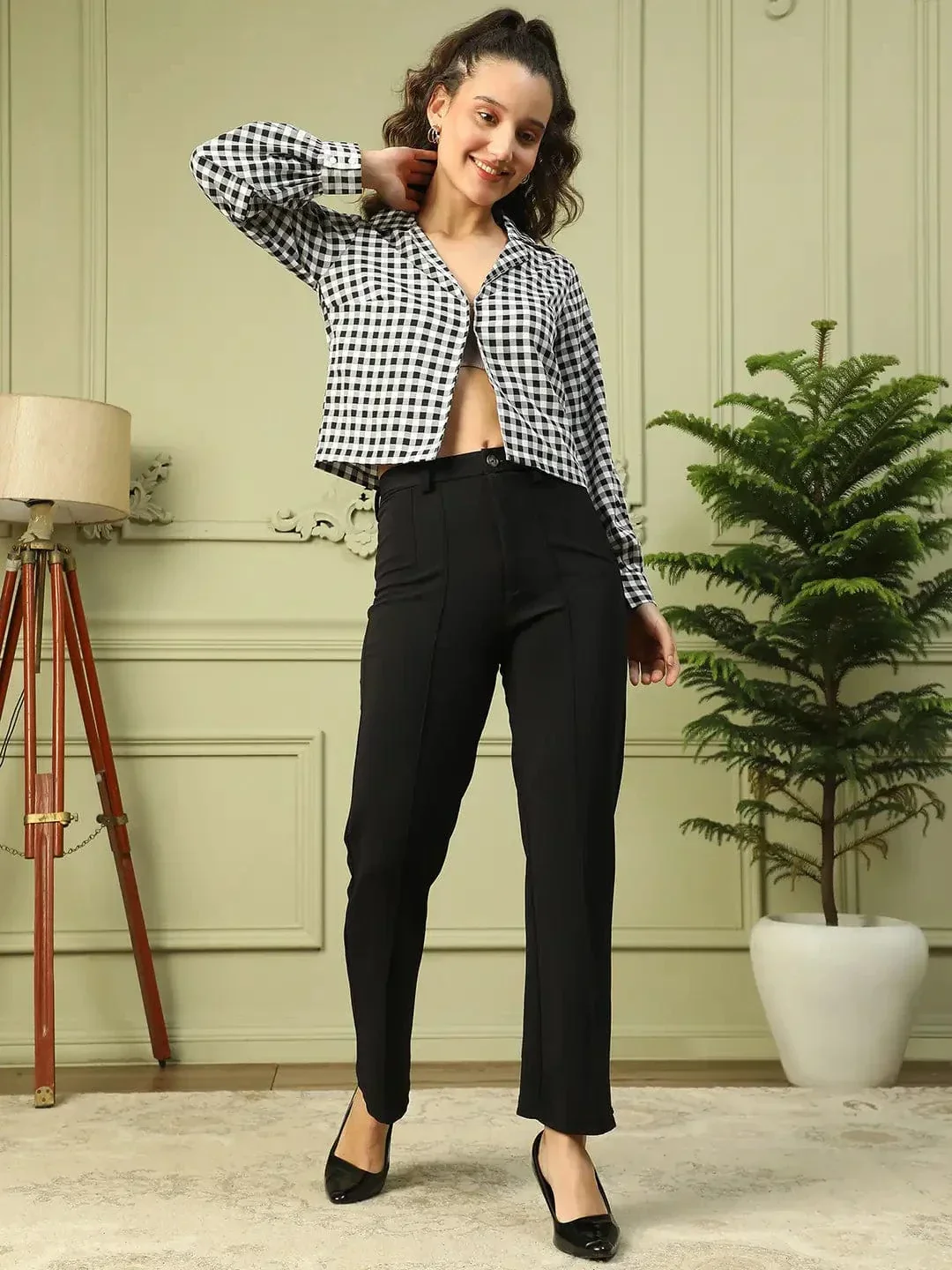 Gleam Black Check Print Long Sleeve Open Collared Button Down Women Crop Shirt - Image 2