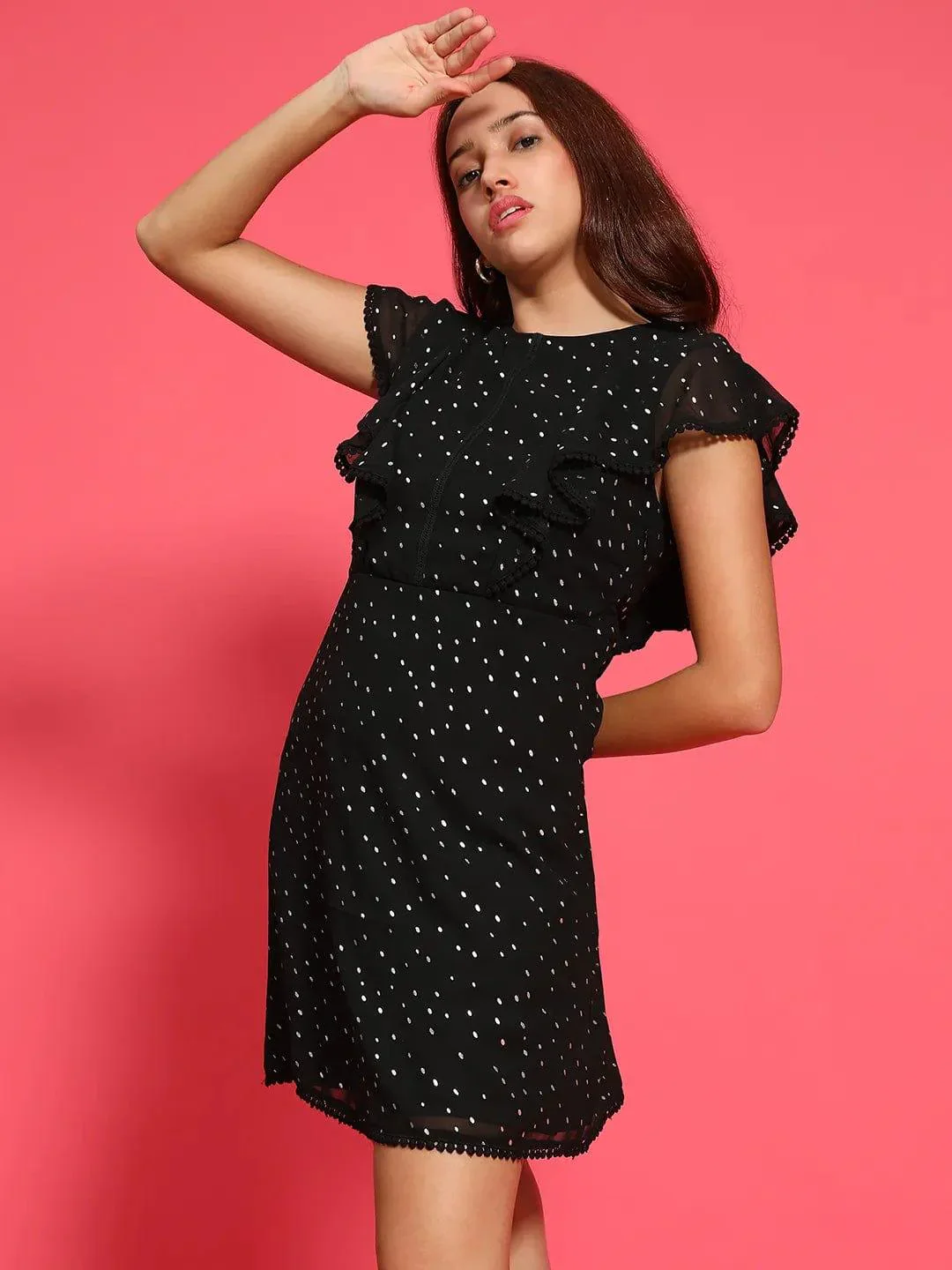 Glitter Black Short Sleeve Foil Print Knee Length Women Dress - Image 3