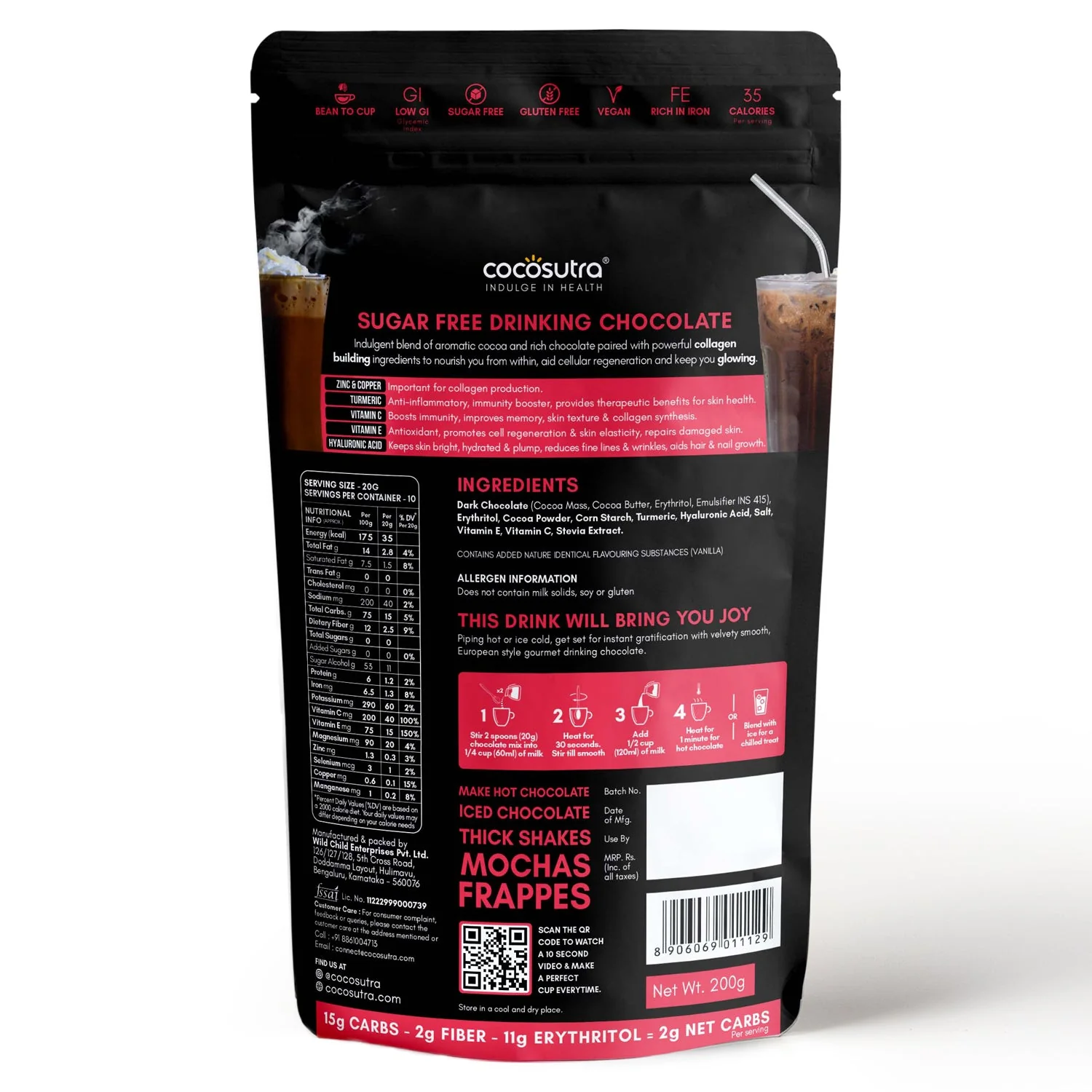 GLOW Sugar Free Drinking Chocolate Mix - Skin Elasticity & Glow | 200 g - Image 2