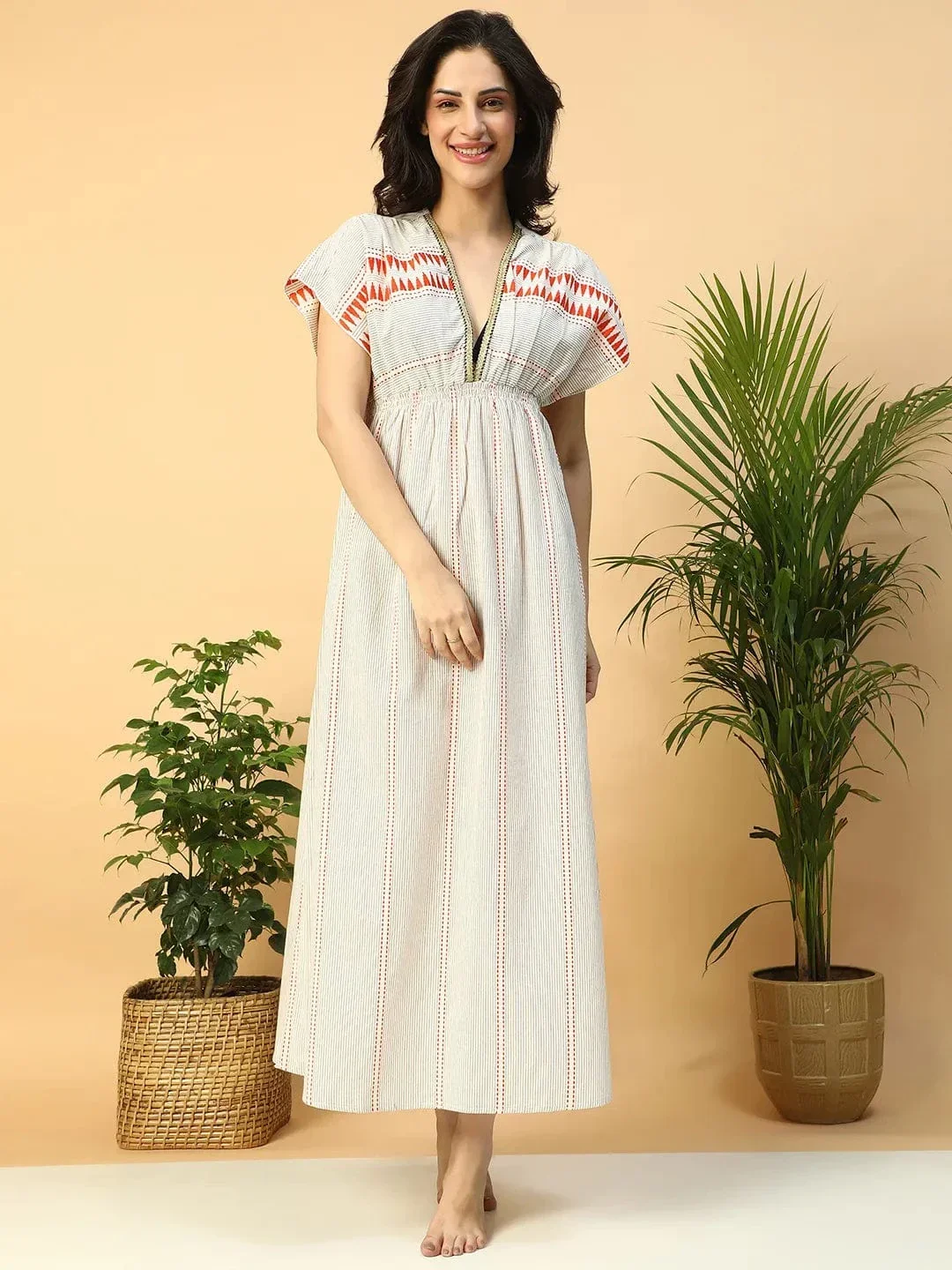 Glowin Beige Elasticated V-Neck Short Sleeve Women Beachwear Cotton Dress - Image 2