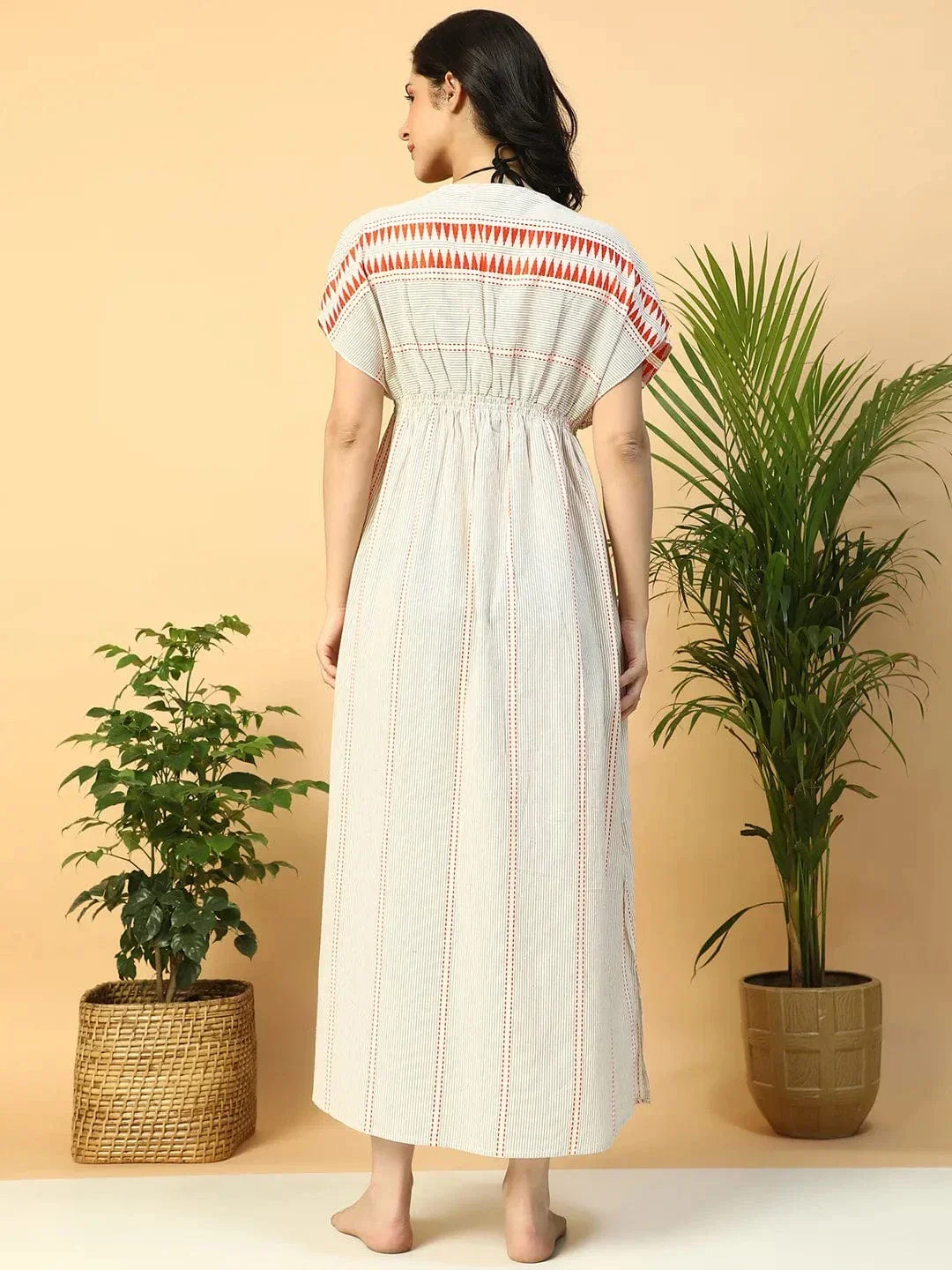 Glowin Beige Elasticated V-Neck Short Sleeve Women Beachwear Cotton Dress - Image 6