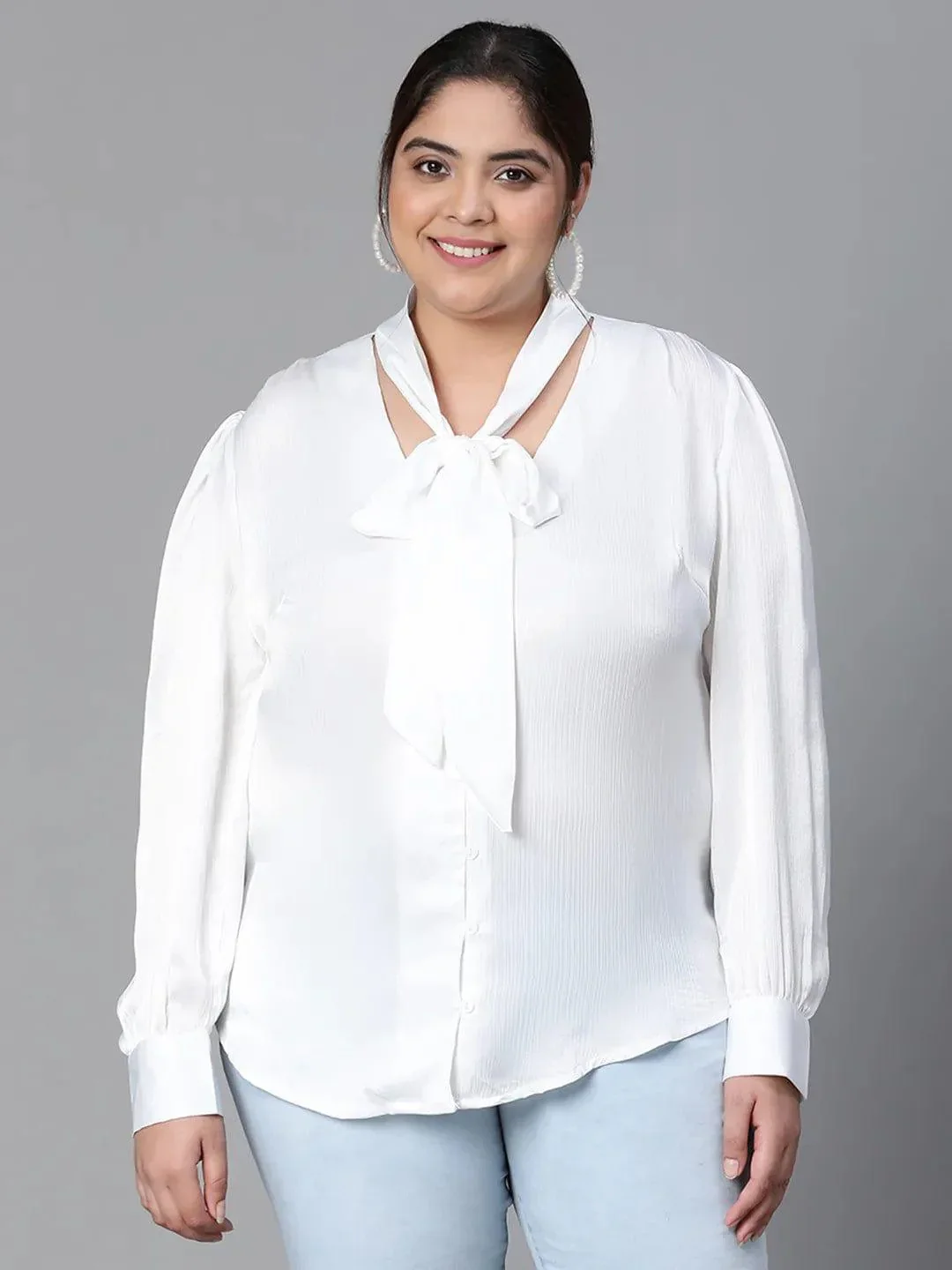 Glowing White Tie-knot Style Long Sleeve Plus Size Women Loopy Top