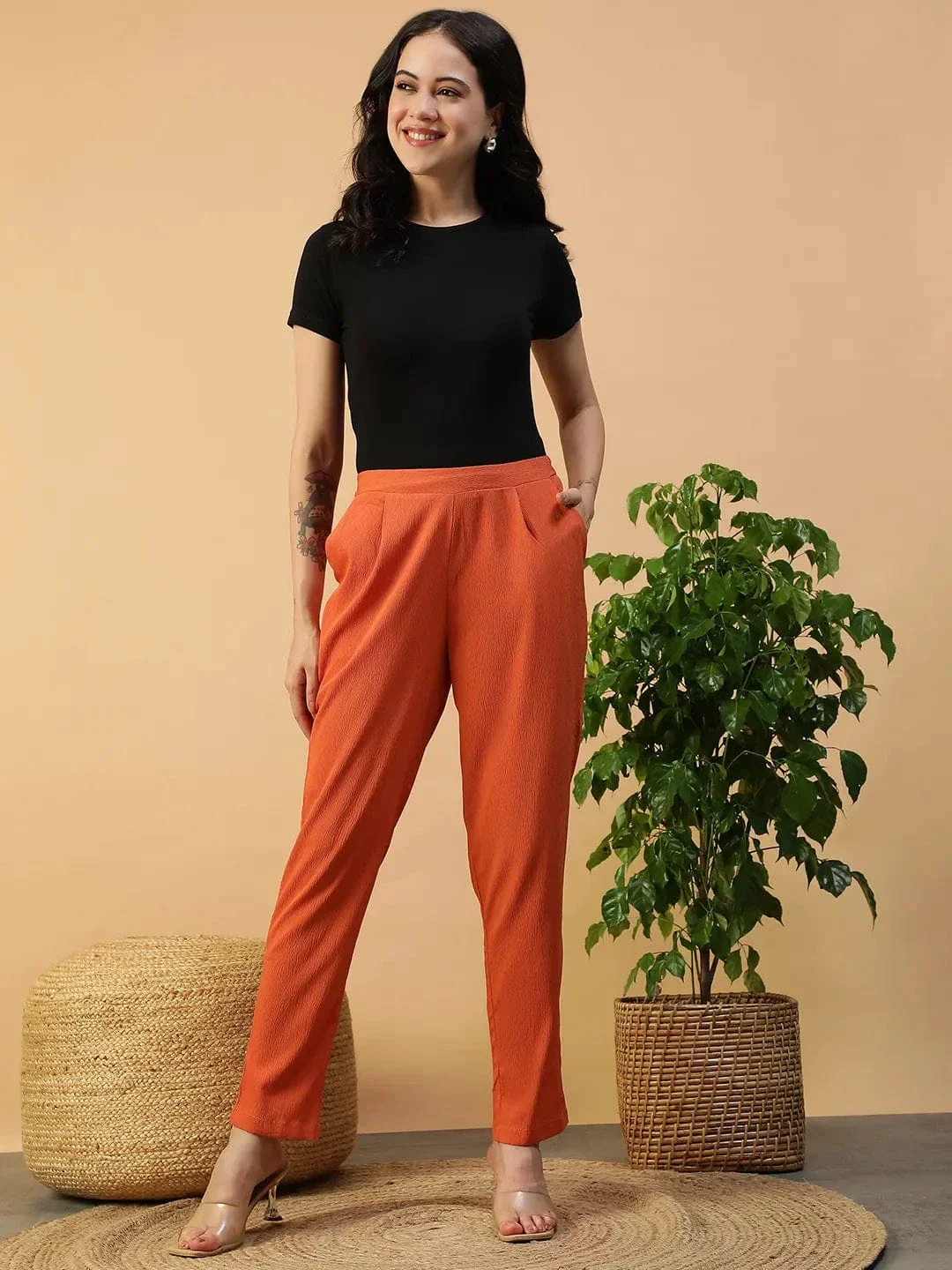 Glowtide Orange Elasticated Tapered Fit Narrow Women Pant - Image 2