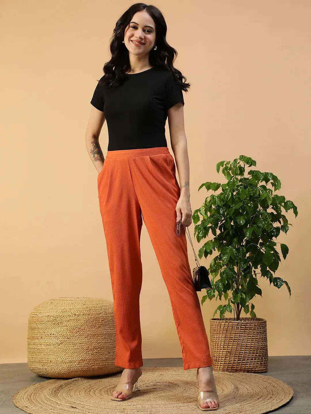 Glowtide Orange Elasticated Tapered Fit Narrow Women Pant - Image 7