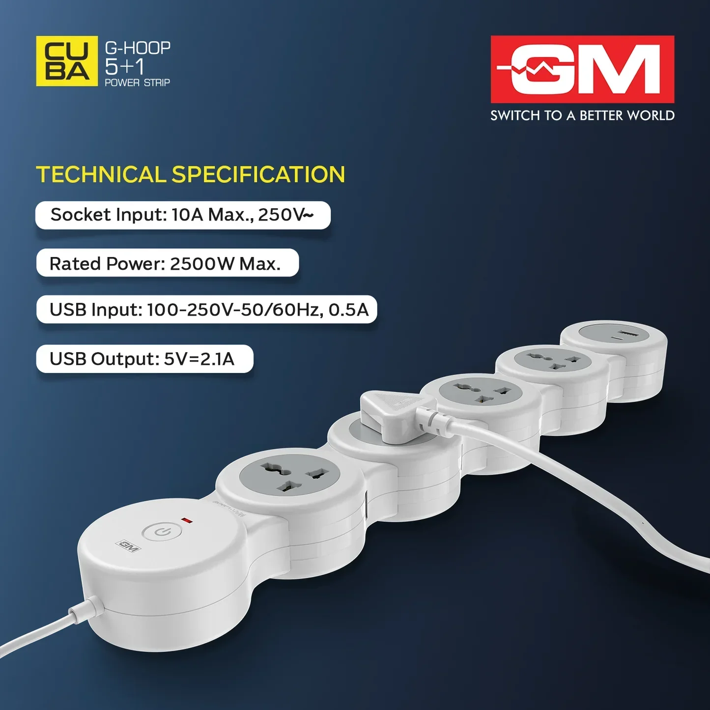 GM GHoop 5 Plus 1 Spike Guard Power Extension Strip - With Type C and Type A - Image 2