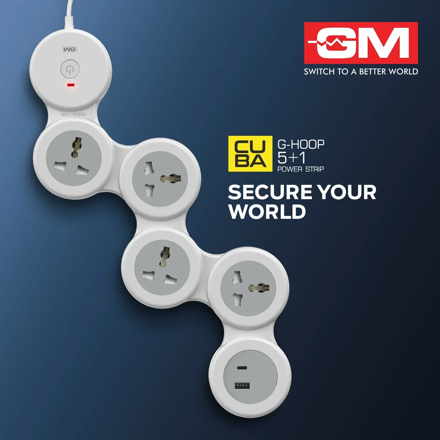 GM GHoop 5 Plus 1 Spike Guard Power Extension Strip - With Type C and Type A - Image 4
