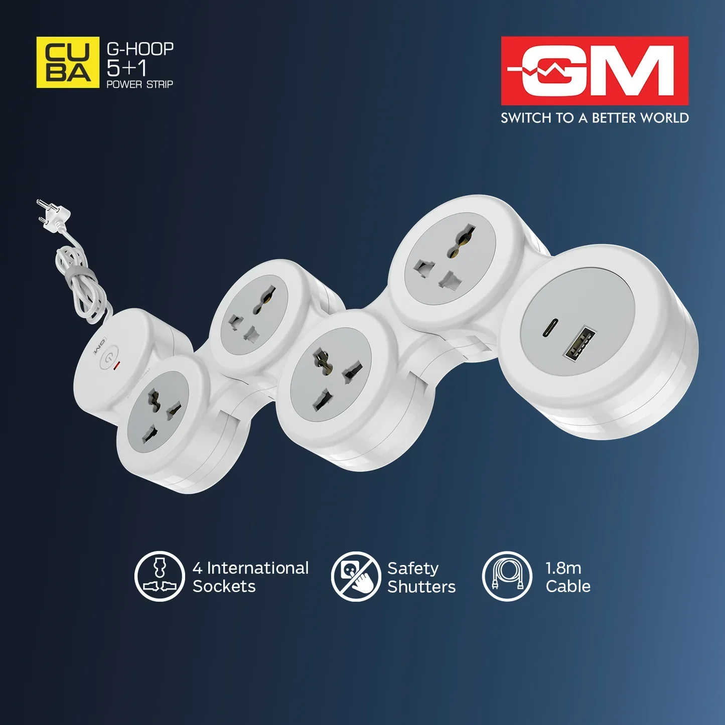 GM GHoop 5 Plus 1 Spike Guard Power Extension Strip - With Type C and Type A - Image 5
