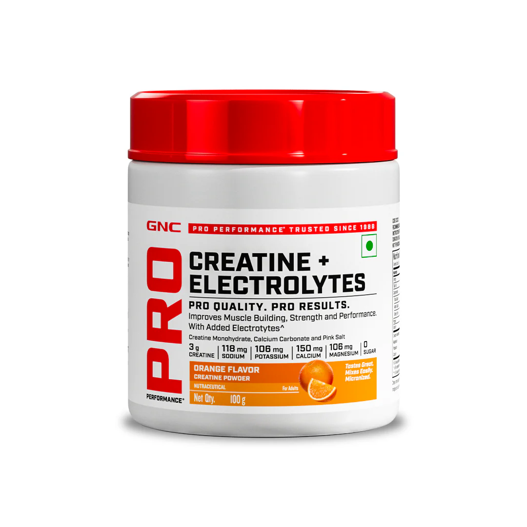 GNC Creatine+ Electrolytes | 3g Creatine Monohydrate + Sodium, Potassium, Calcium, Magnesium | Boosts Muscle Growth, Hydration, Energy & Recovery | Zero Sugar | 100% Veg | 100g | Orange - Image 20