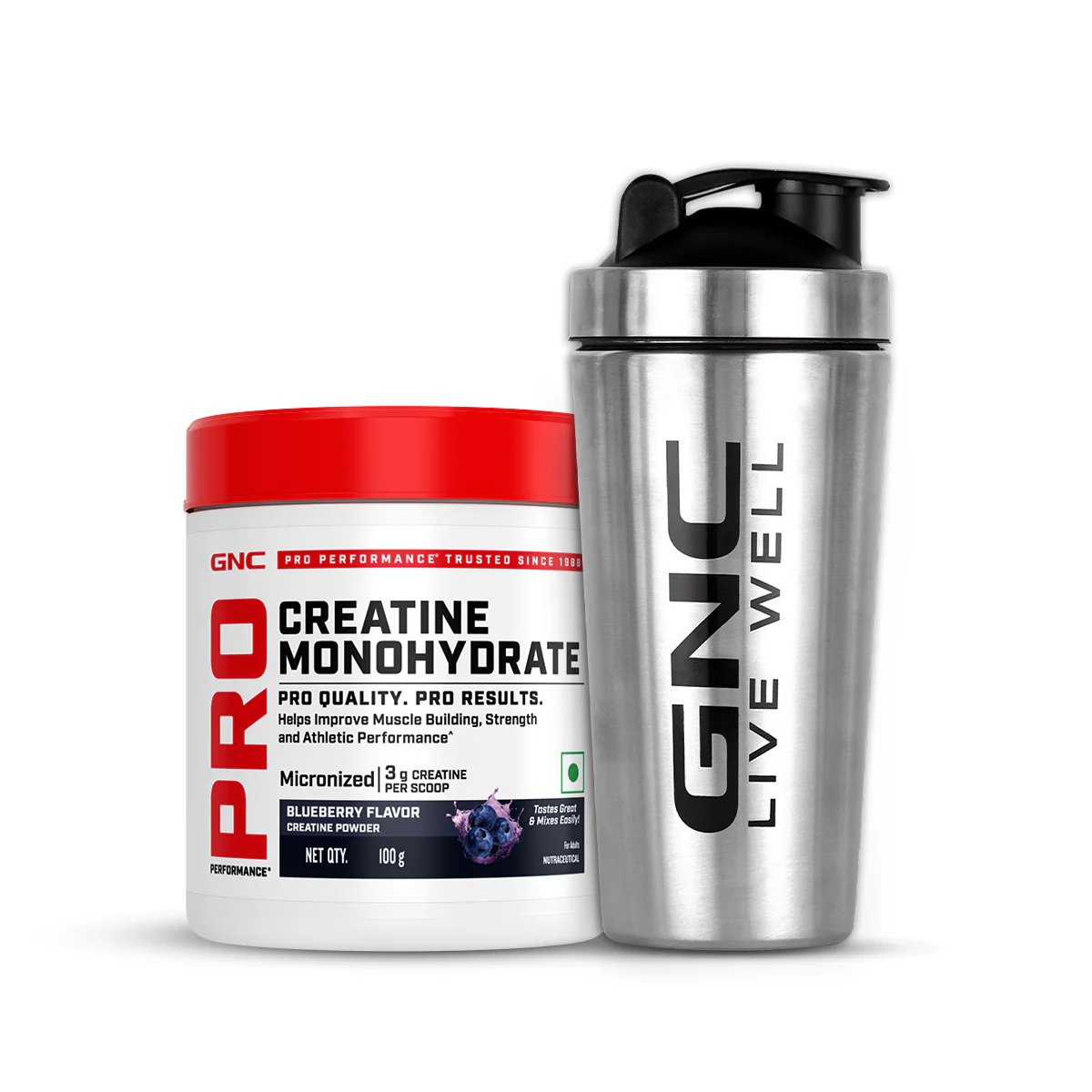 GNC Creatine Monohydrate With Steel Shaker (750ml)| 100gm | Blueberry | Boosts Athletic Performance | Fuels Skeletal Muscles | Supports Intense Workout | Promotes Cellular Hydration |Formulated In USA