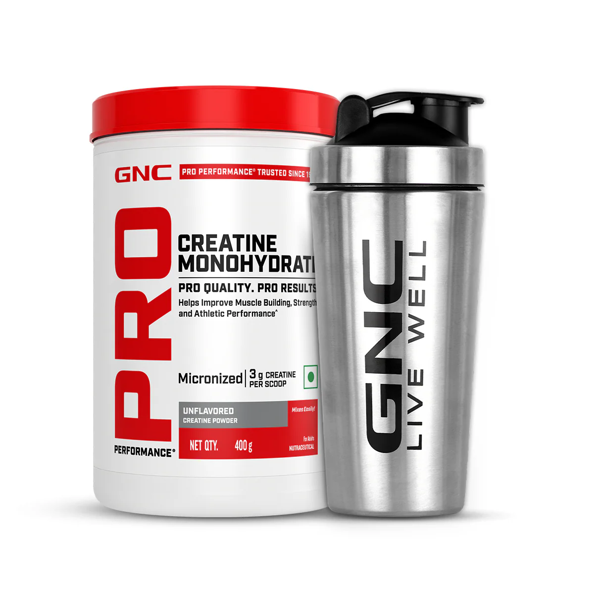 GNC Creatine Monohydrate With Steel Shaker (750ml)| 400gm | Unflavoured | Boosts Athletic Performance | Fuels Skeletal Muscles | Supports Intense Workout | Promotes Cellular Hydration |Formulated In USA