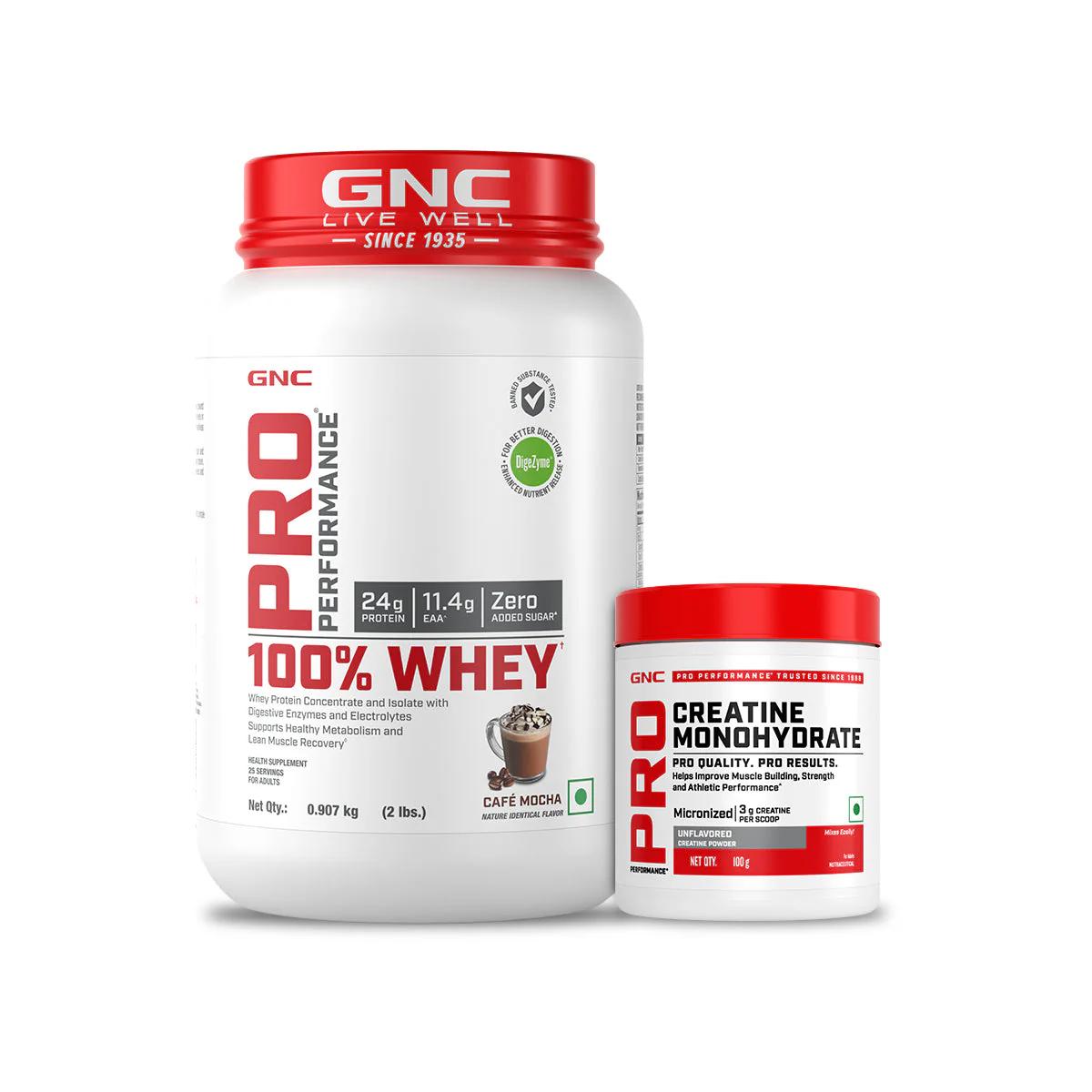 GNC Pro Performance 100% Whey Café Mocha + Creatine Monohydrate Combo - Builds Lean Muscles | Promotes Faster Recovery | Boosts Athletic Performance | Hydrates Muscle Cells | 2lbs / 100gm Combo