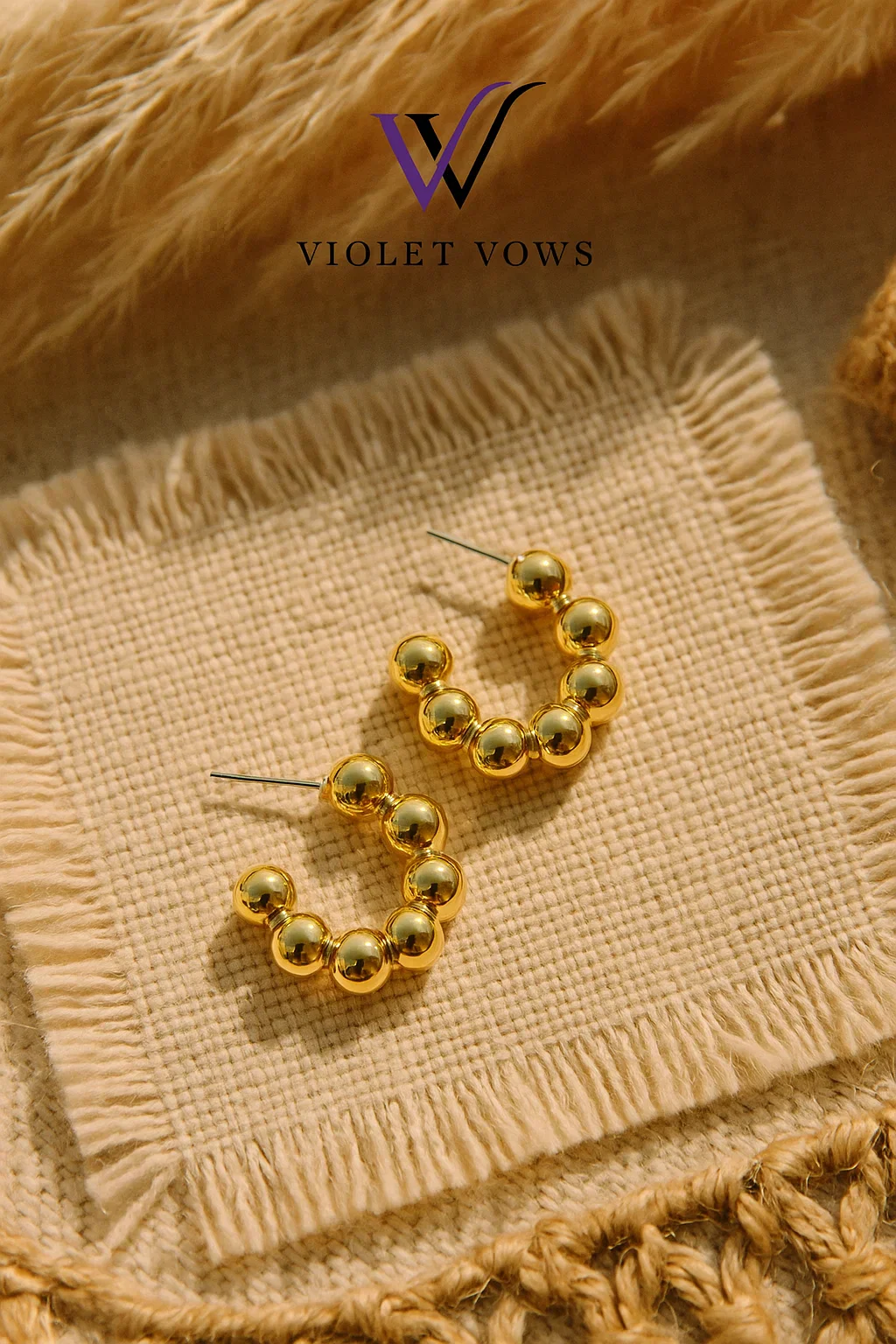 Gold Beaded Hoop Earrings - Image 2