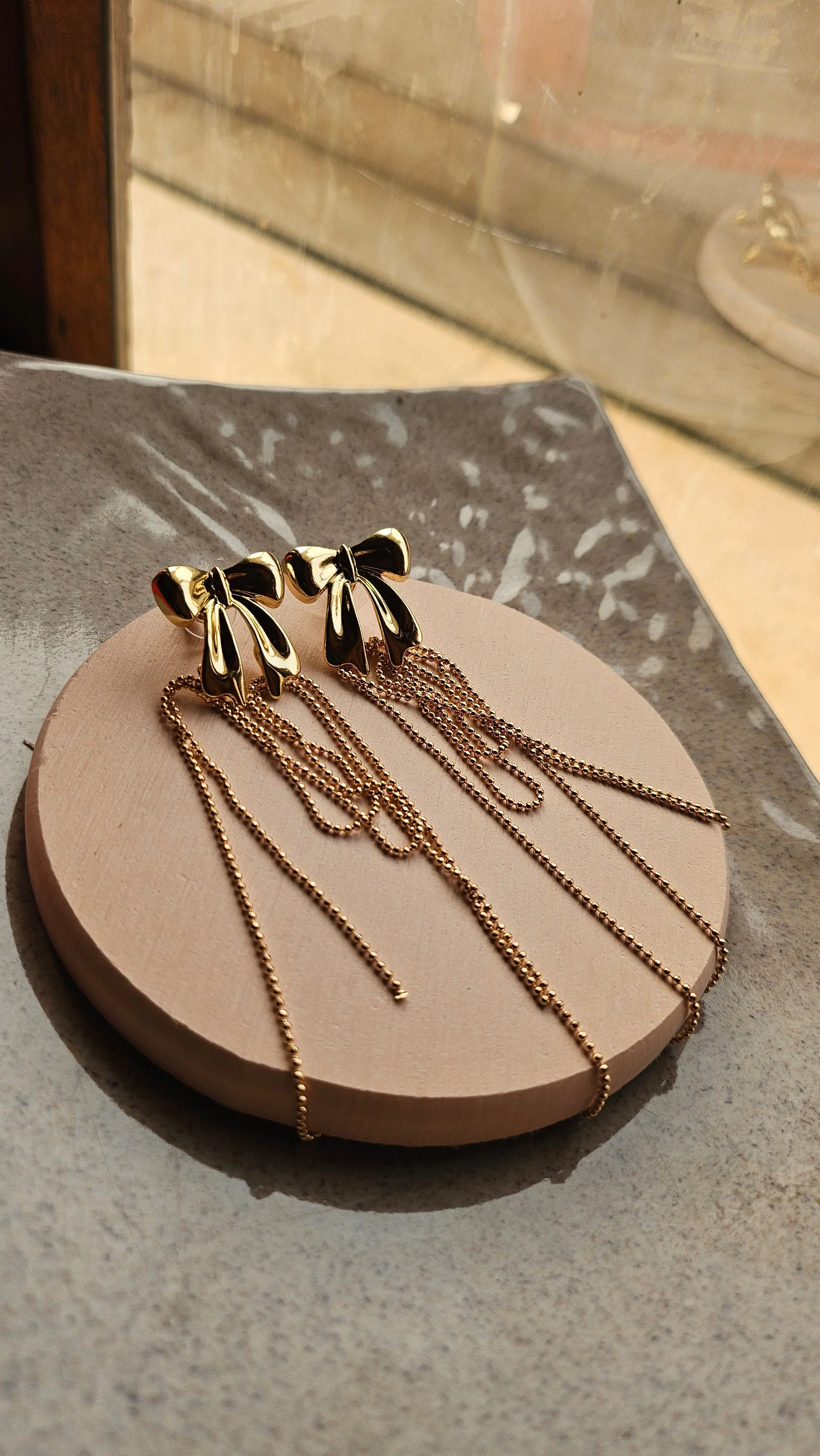 Gold Bow Chain Drop Earrings - Image 2