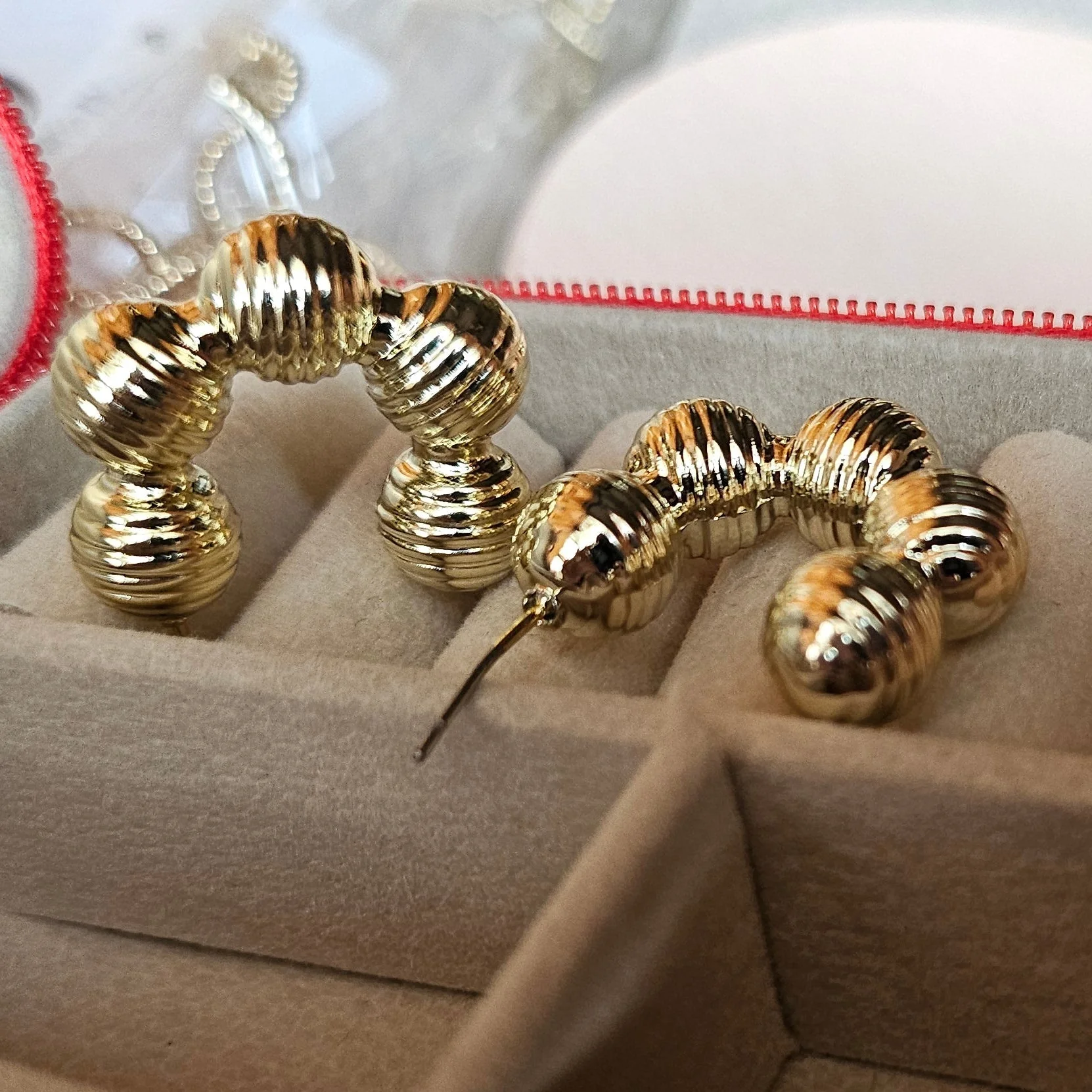 Gold Chunky Ribbed Hoop Earrings - Image 2