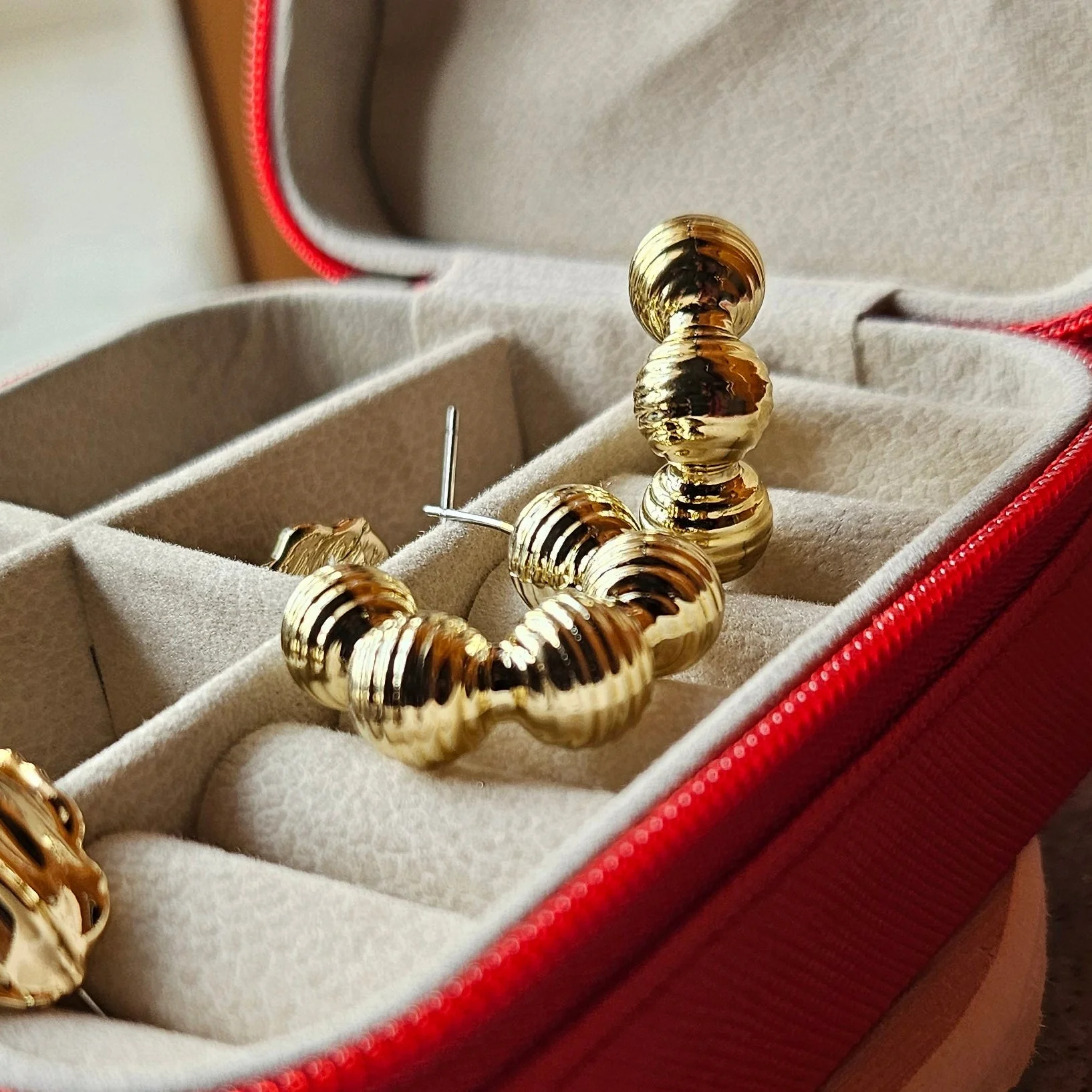 Gold Chunky Ribbed Hoop Earrings - Image 6