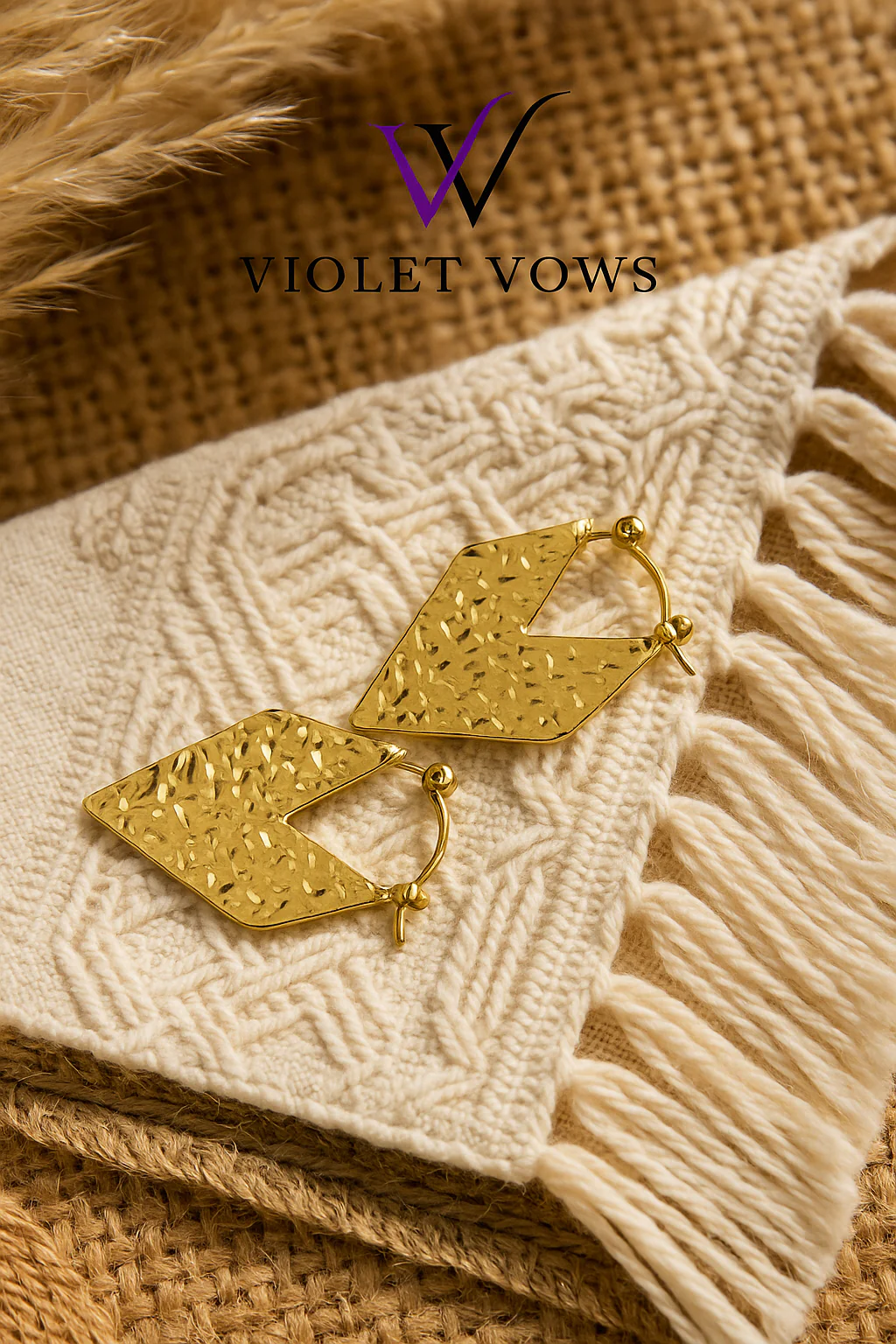 Gold Hammered Diamond Hoops - Image 2