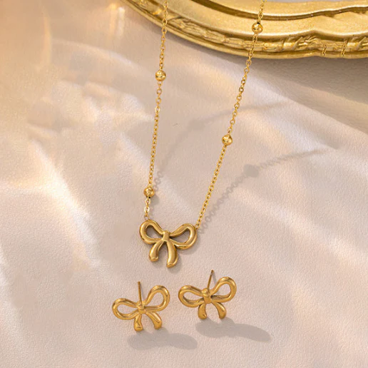 Gold Plated Anti Tarnish Bow Themed Jewellery Set - Image 3