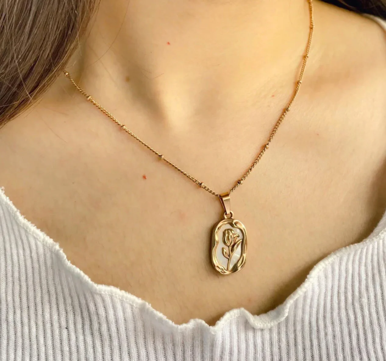 Gold Plated Anti Tarnish White Rose Themed Pendant - Image 3