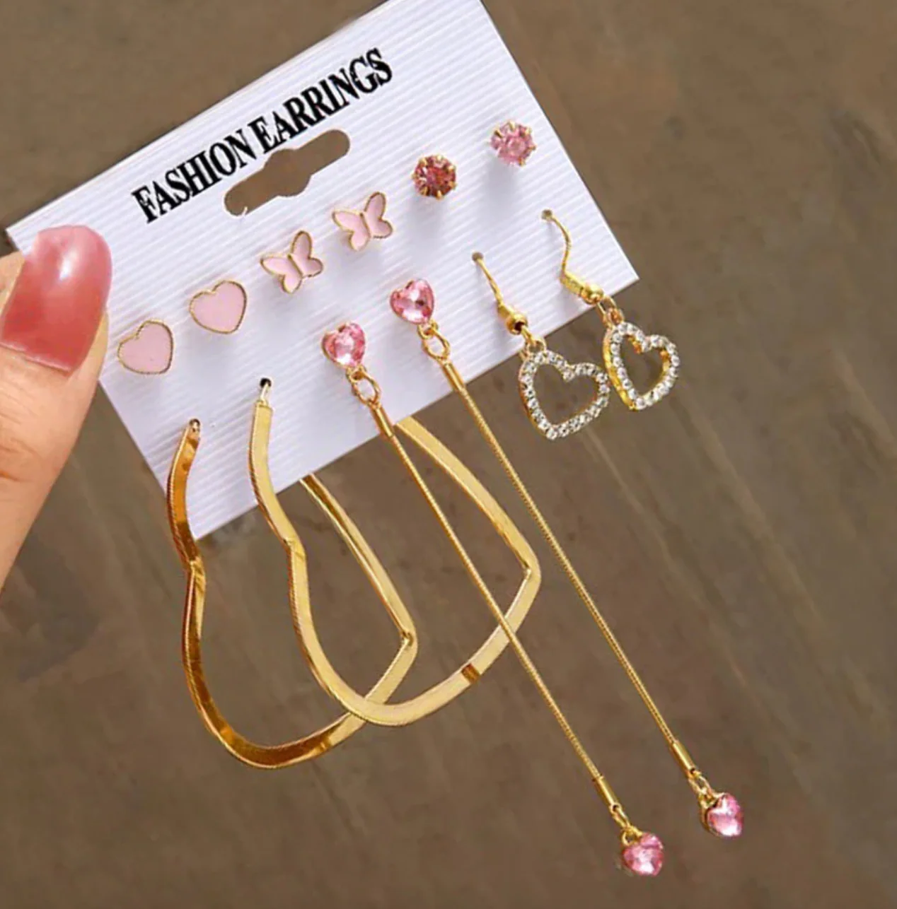 Gold Plated Heart inspired Pink and Gold Studs and Drop Earrings Combo of 6 For Women - Image 2