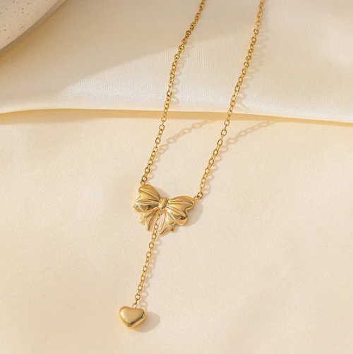 Gold Plated Stainless Steel Anti Tarnish Heart Themed Bow inspired Pendant Necklace - Image 2