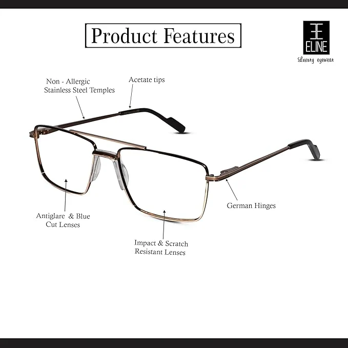 Gold Rectangular Antiglare Computer Glasses For Men - Image 4