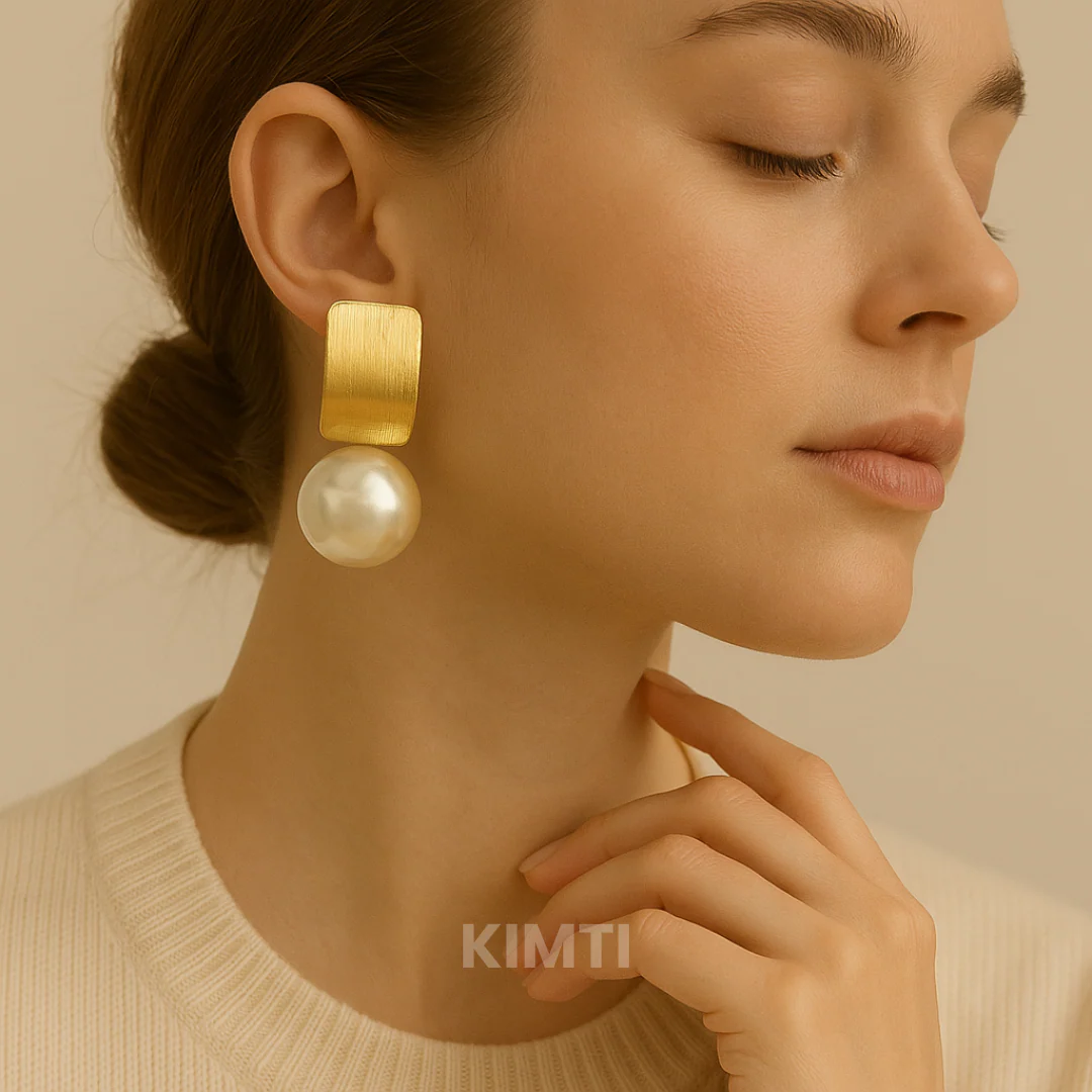 Gold Rectangular Pearl Stud Earring - Image 2