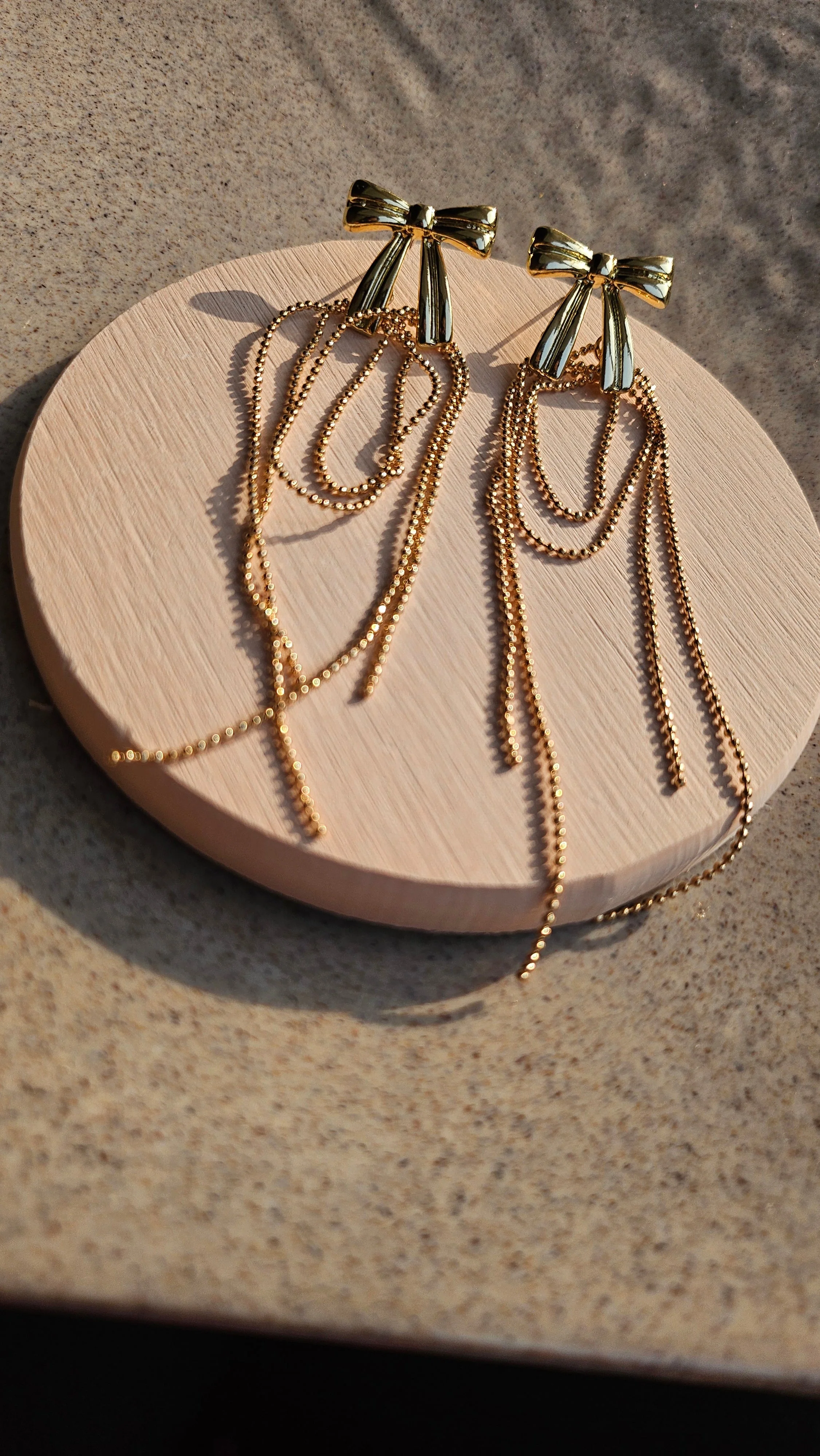 Gold Structured Bow Chain Drop Earrings - Image 3