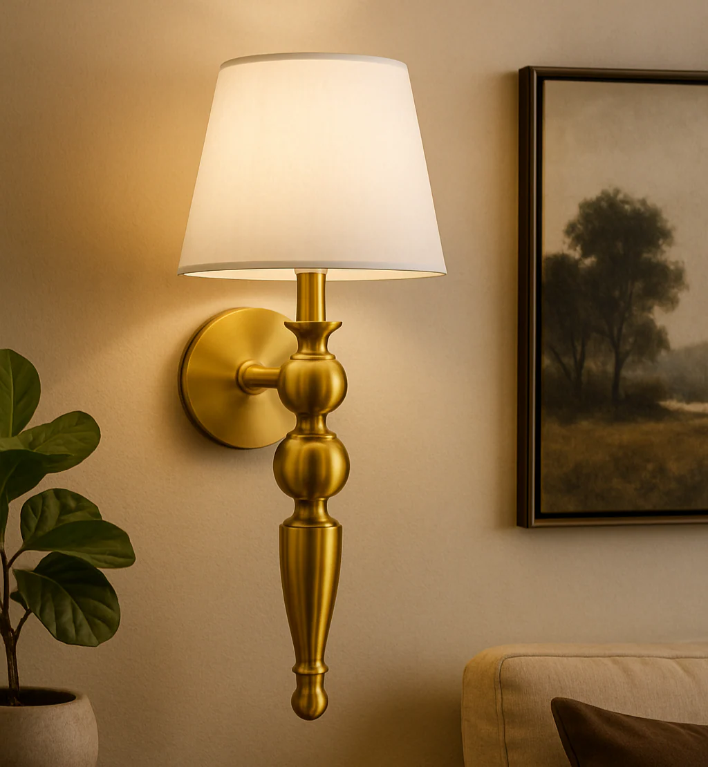 Golden Antique Finish Wall Lamp with Off White Cotton Fabric Shade - Image 6