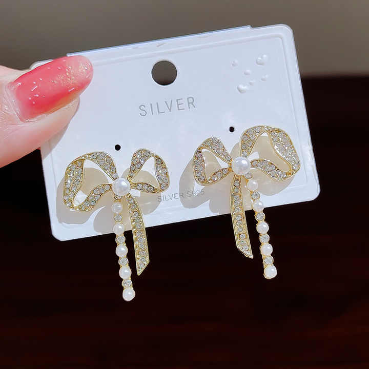 Golden Bow Pearl Drop Earring - Image 4