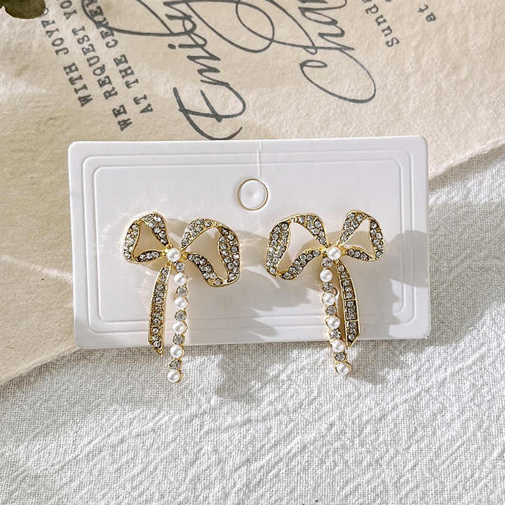 Golden Bow Pearl Drop Earring - Image 5