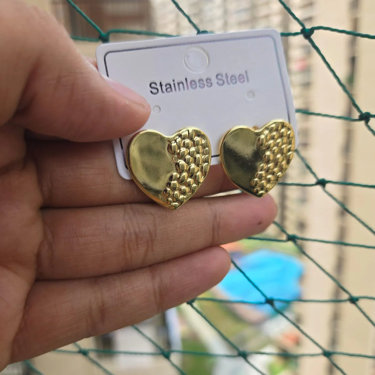 Golden Dual-Texture Heart Studs - Image 3
