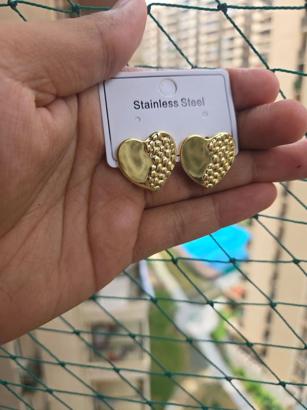 Golden Dual-Texture Heart Studs - Image 4