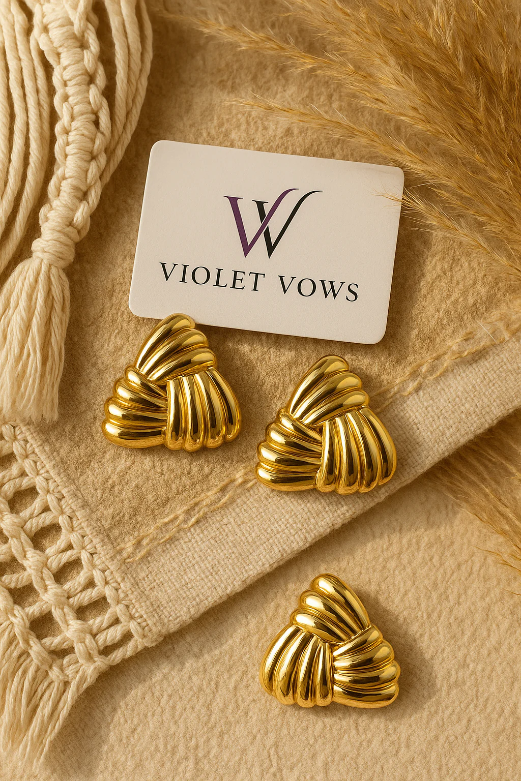 Golden Dual-Texture Triangle Studs - Image 2
