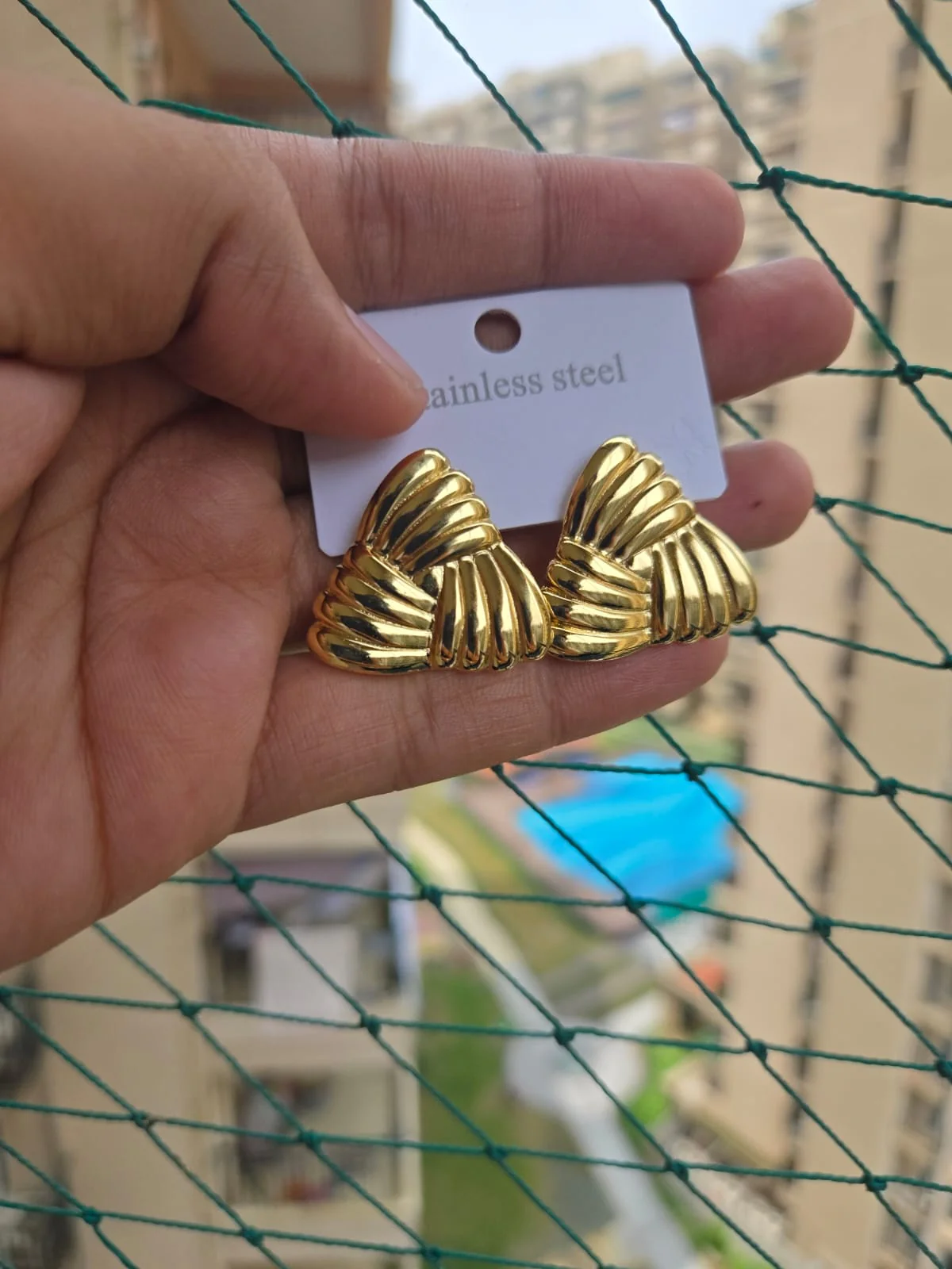 Golden Dual-Texture Triangle Studs - Image 3