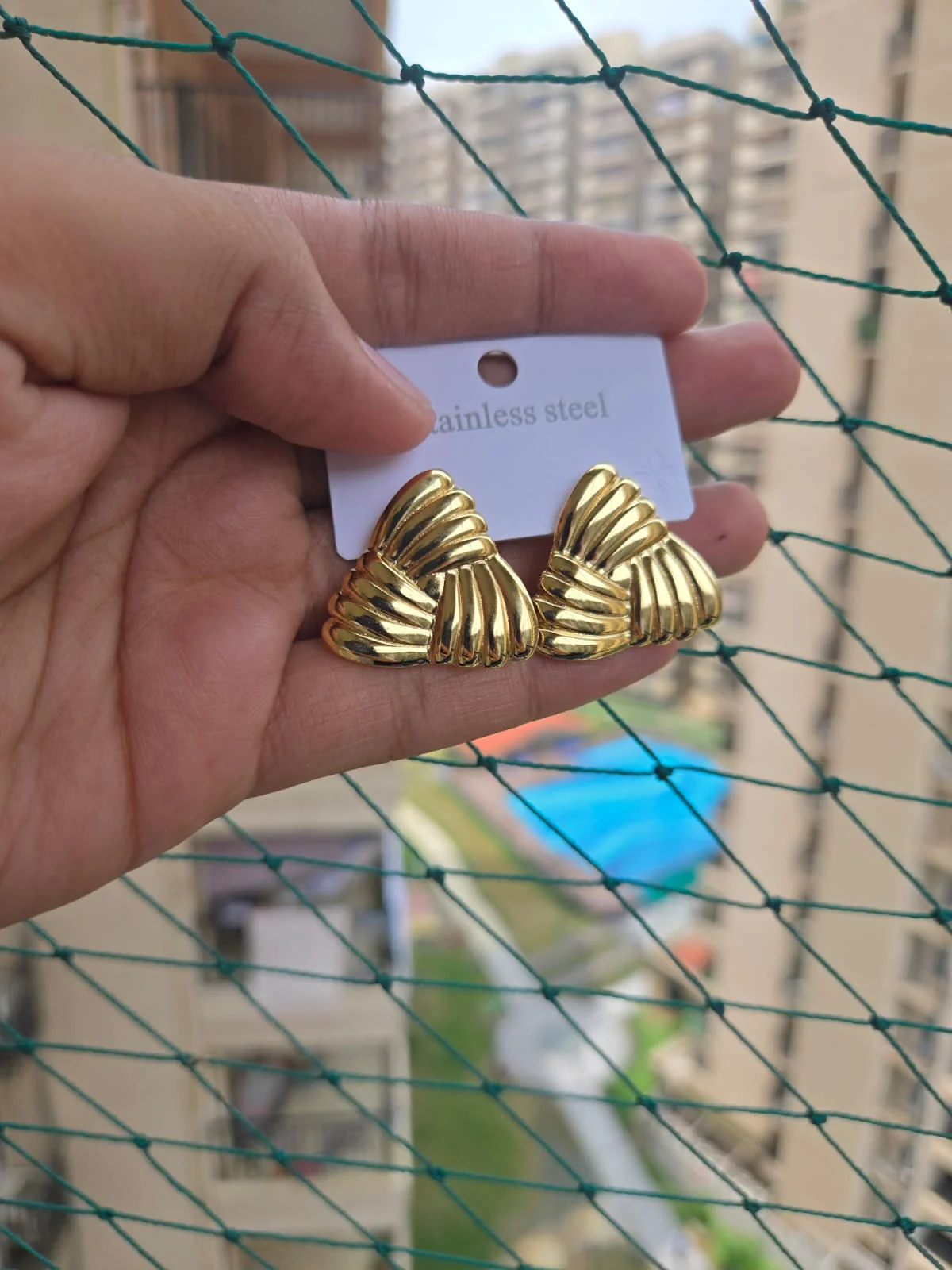 Golden Dual-Texture Triangle Studs - Image 4