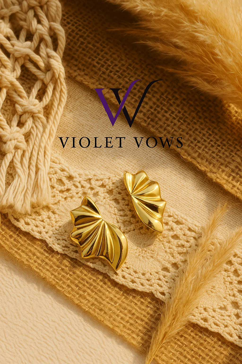 Golden Pleated Fan Earrings - Elegant Statement Studs - Image 2