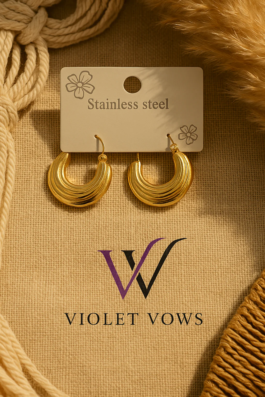 Golden Ribbed Crescent Hoops - Statement Everyday Earrings - Image 3